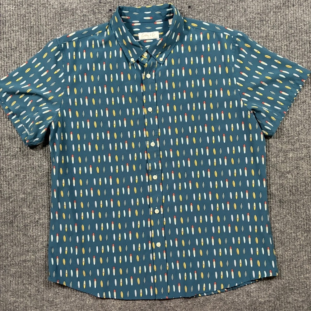 Cotton & Co Mens Button Down Shirt‎ Size XL Teal Surfboard Print Short Sleeve